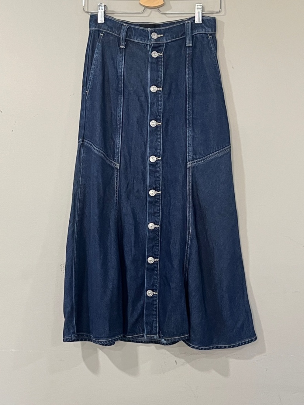 7 For All Mankind Dark Blue Button-Front Denim Midi Skirt